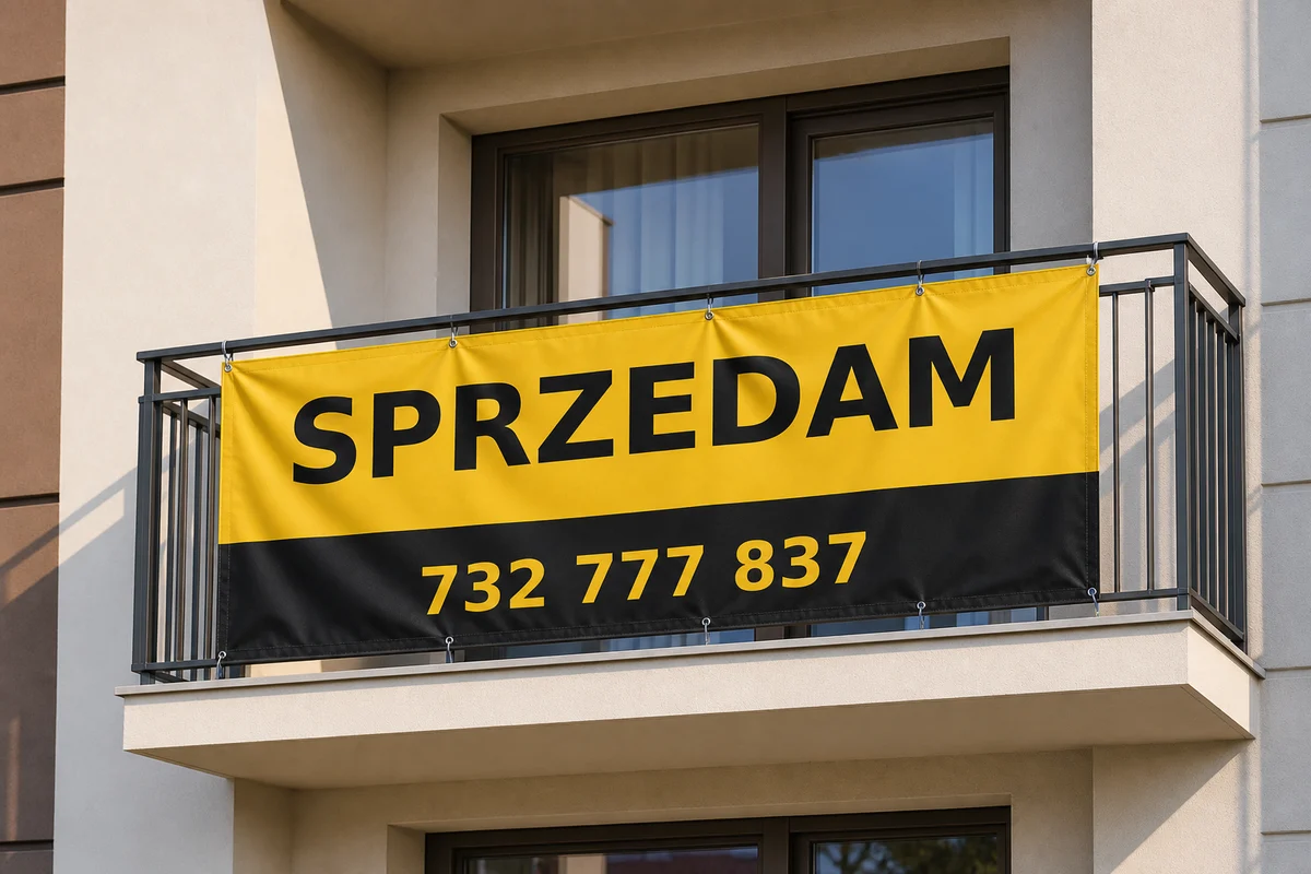 Baner SPRZEDAM z dużym numerem telefonu zawieszony na balkonie