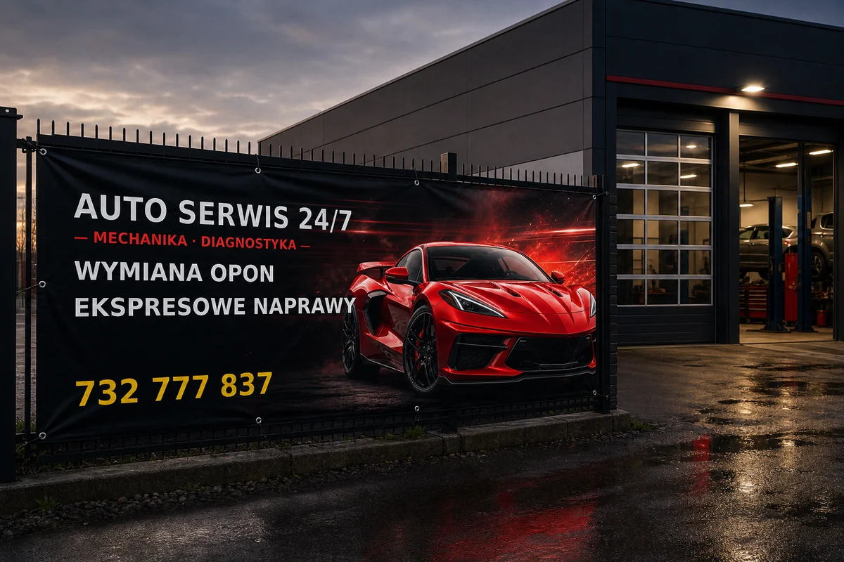 Baner reklamowy auto serwisu z czerwonym samochodem przed warsztatem