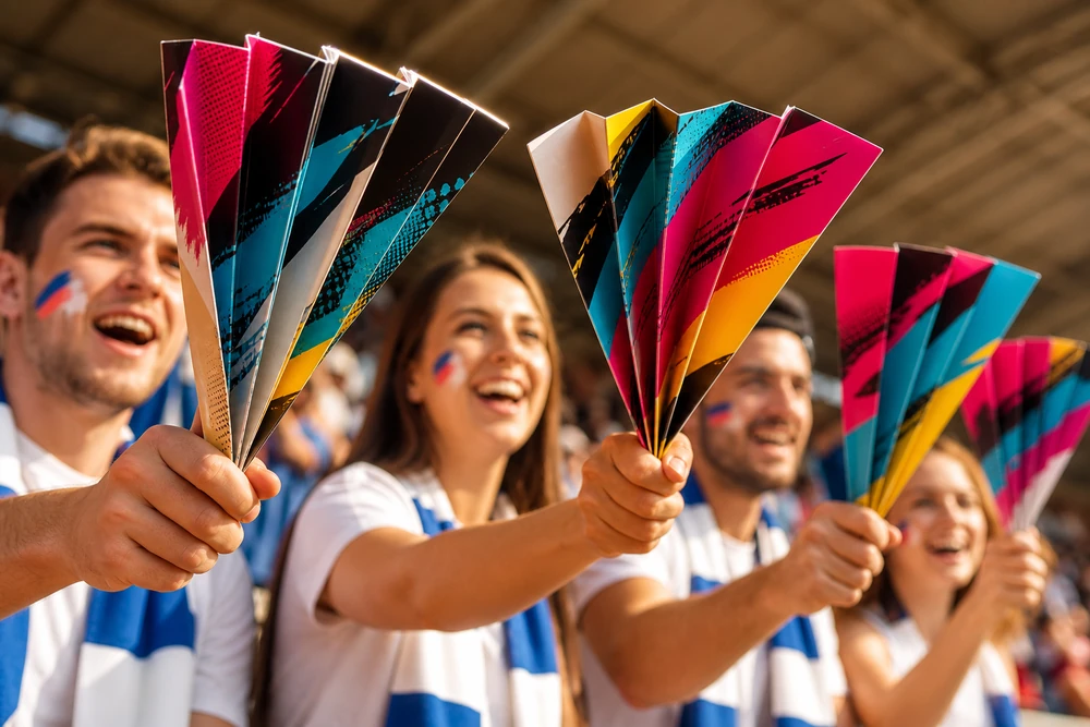 Kibice z klaskaczami reklamowymi na trybunach stadionu