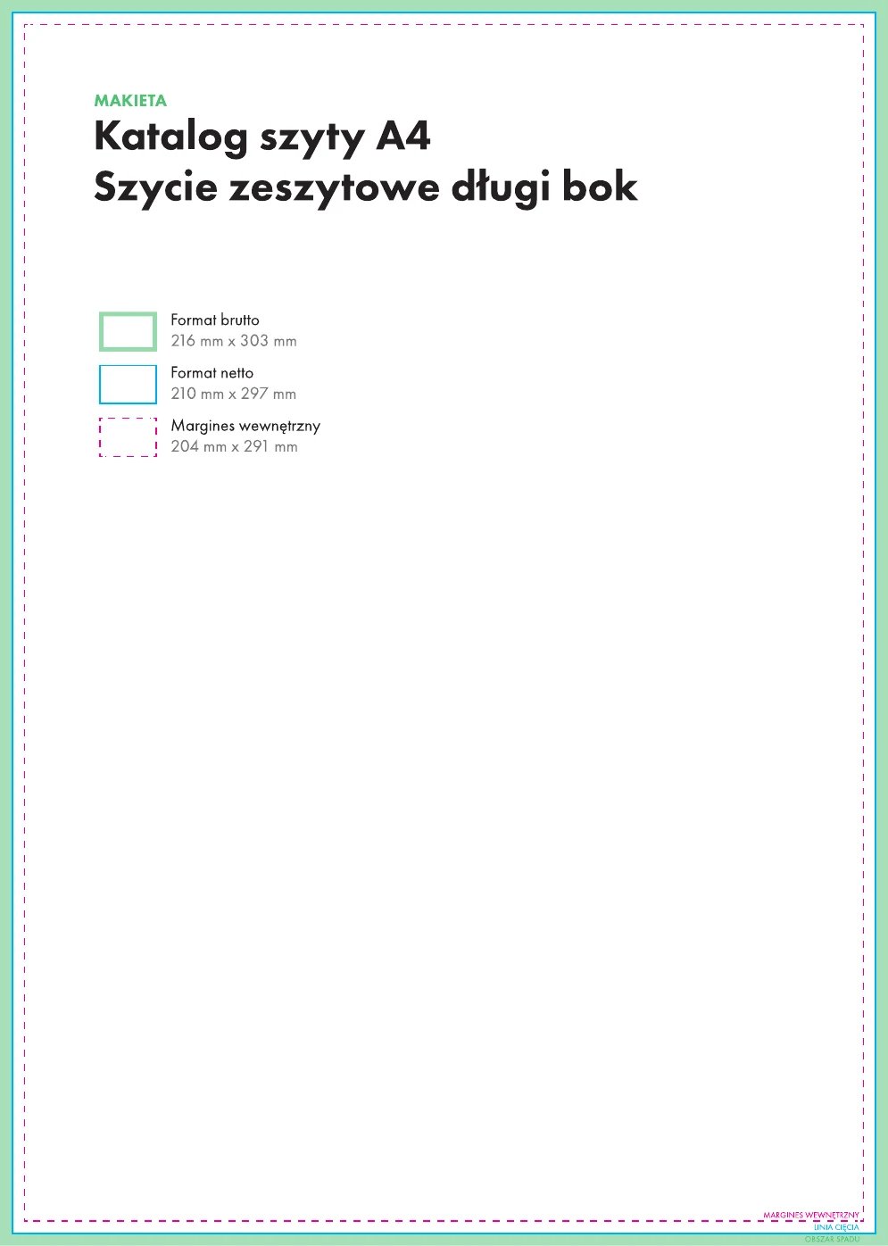 Makieta katalogu szytego A4 210 × 297 mm — linie cięcia, spady i obszar bezpieczny