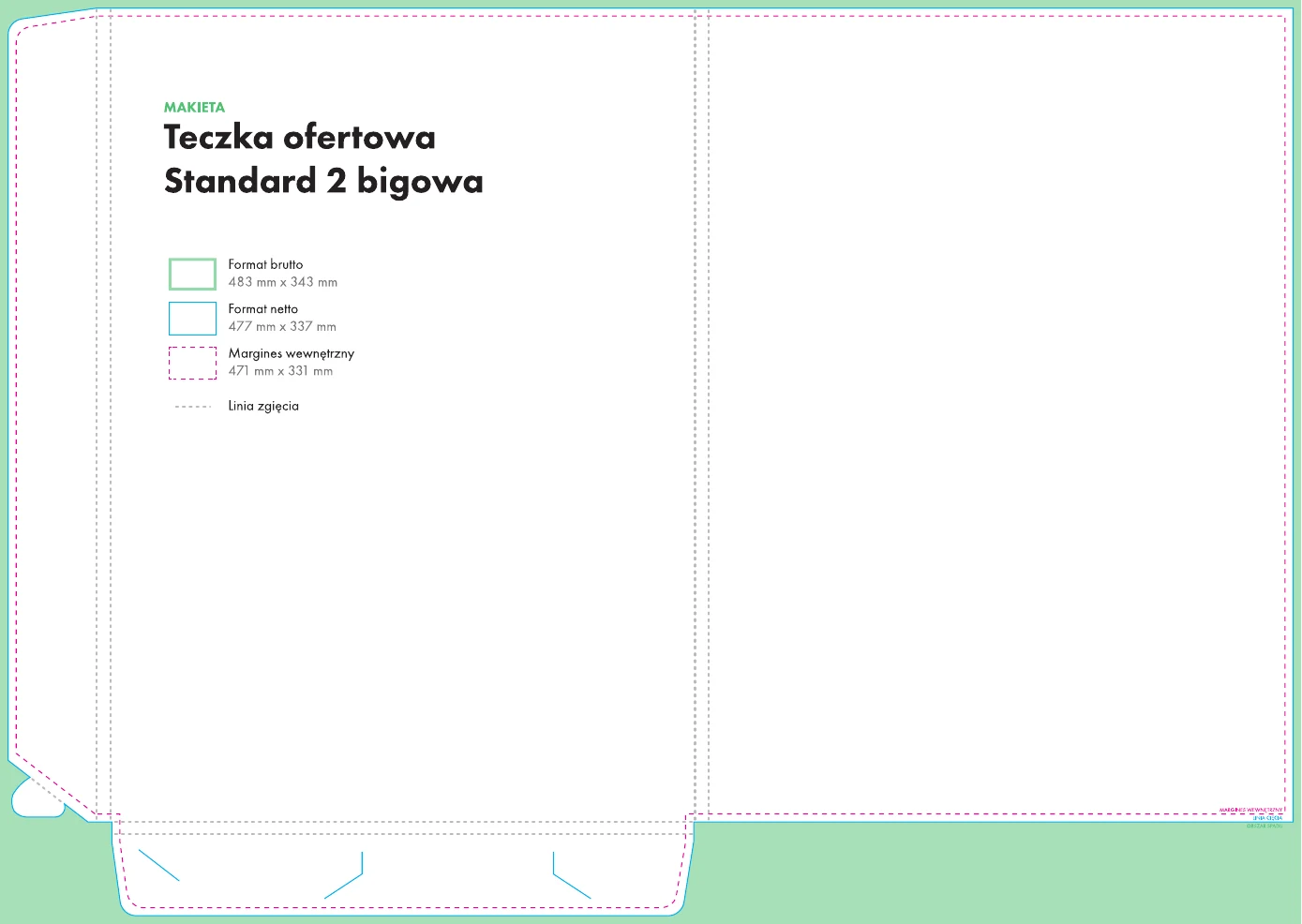 Makieta teczki ofertowej standard 2-bigowa 477 × 337 mm — linie cięcia, bigi i obszar bezpieczny