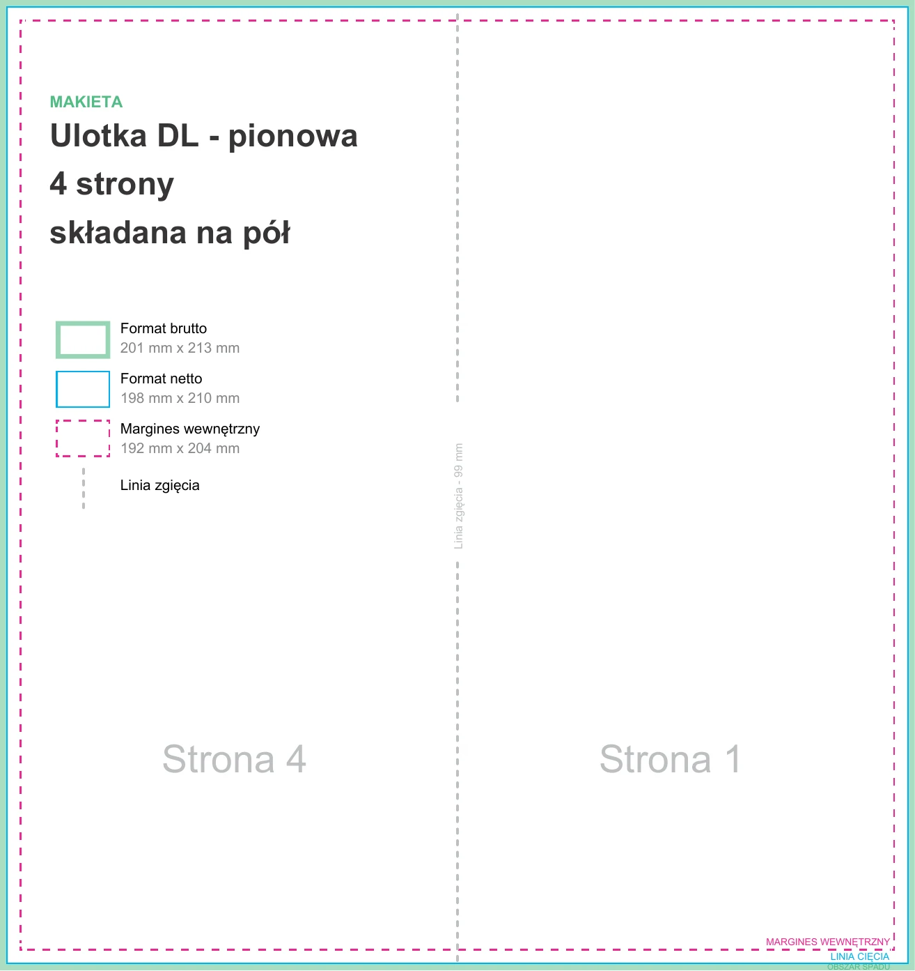 Makieta ulotki składanej DL — linie cięcia, linie łamania, spady i obszar bezpieczny