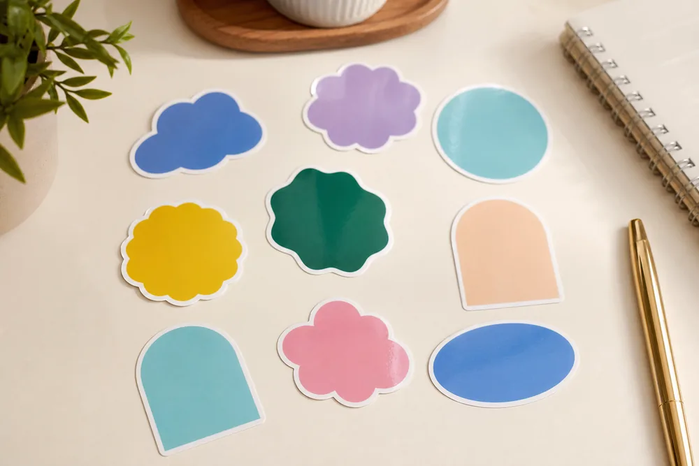 Kolorowe naklejki die-cut na biurku